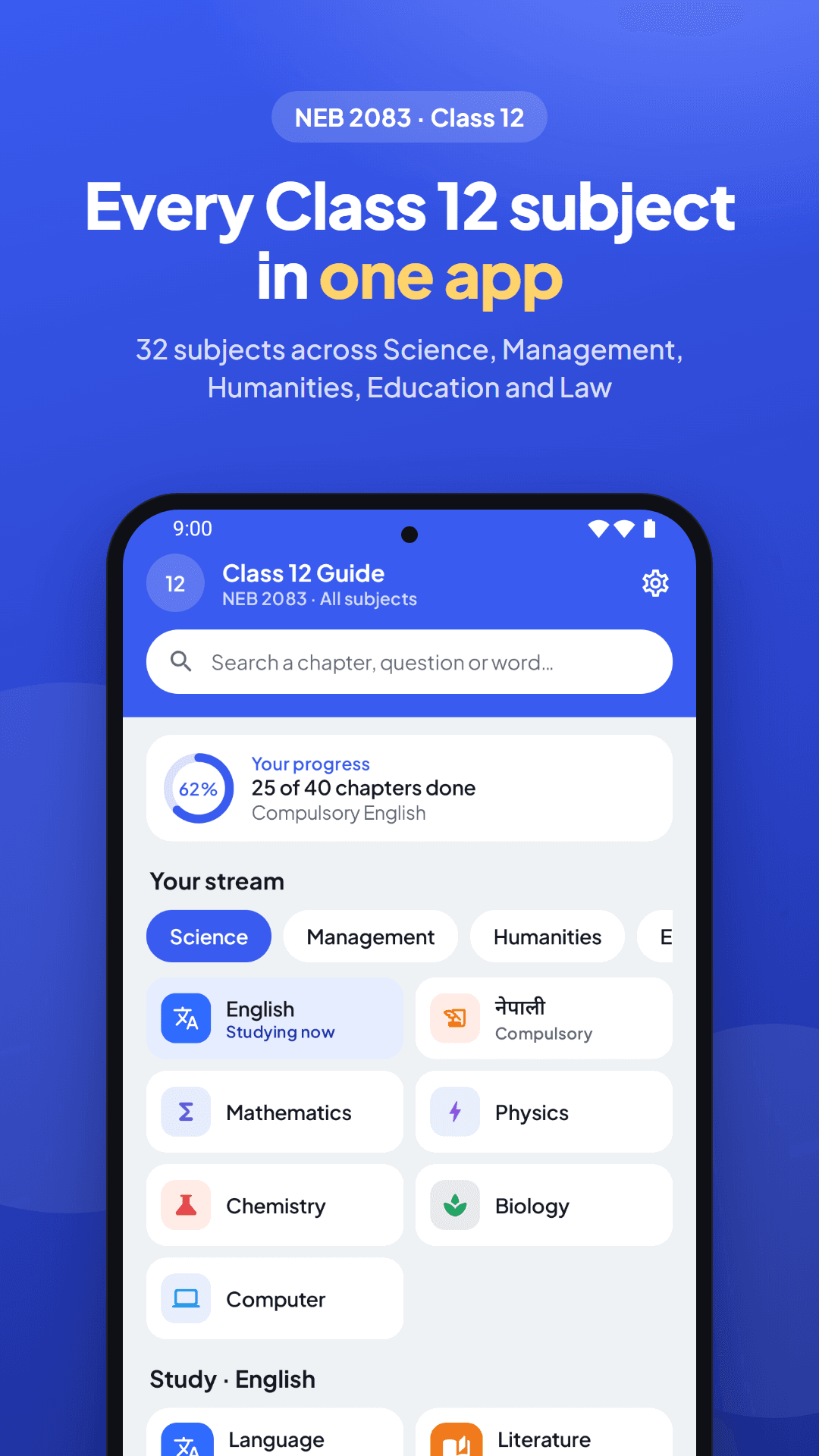 Home screen with stream picker and subject list